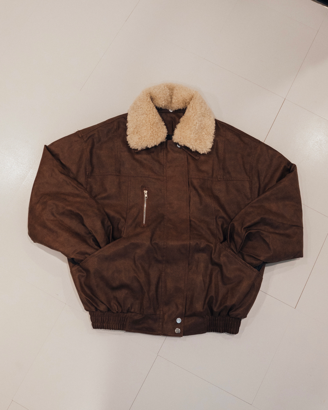 ボア襟ブラウンレザージャケット