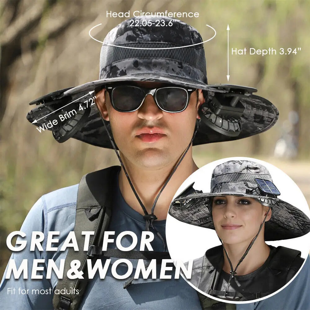 UPF 50+ Solar Fan Sun Hat – Wide Brim Bucket Hat with Dual Fans
