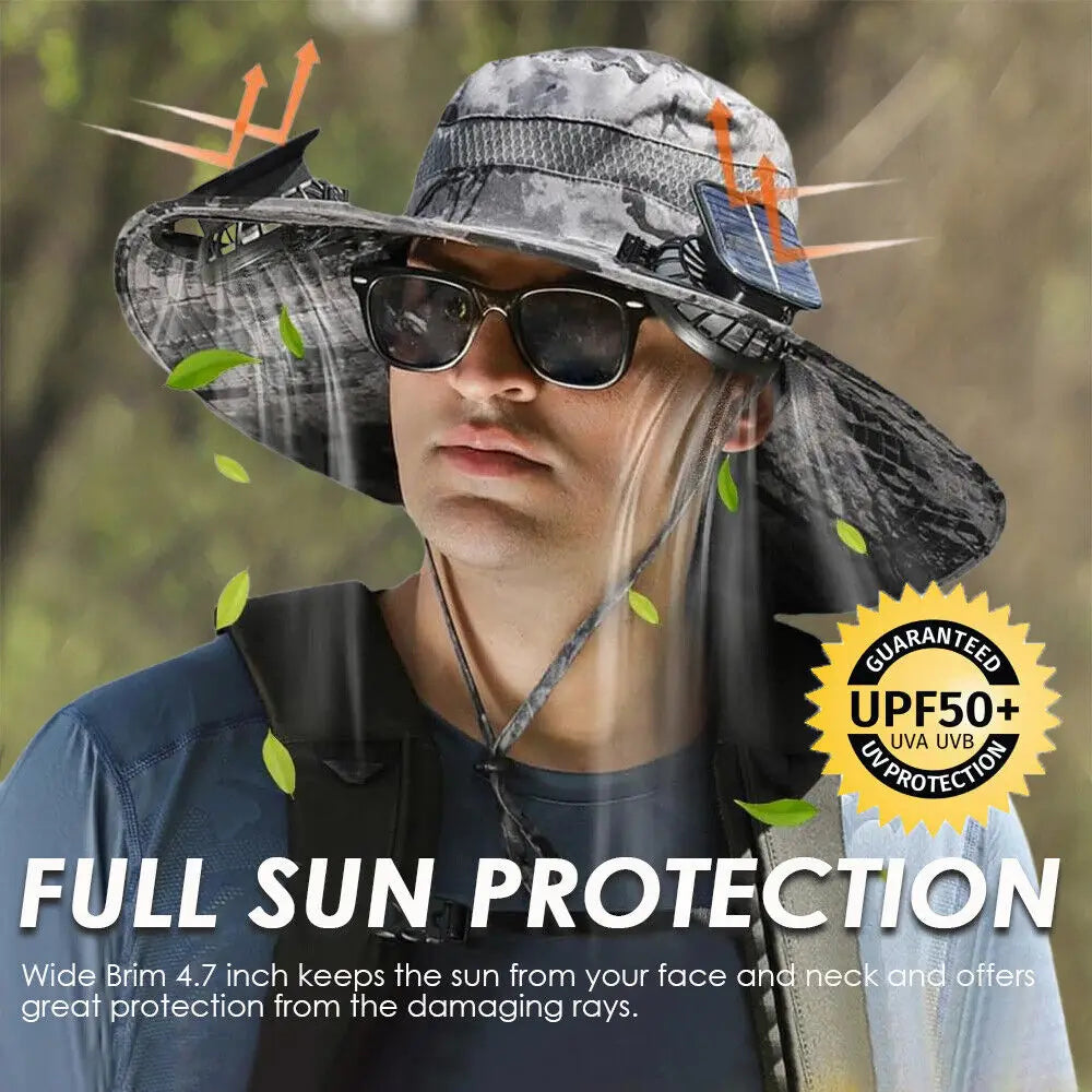 UPF 50+ Solar Fan Sun Hat – Wide Brim Bucket Hat with Dual Fans