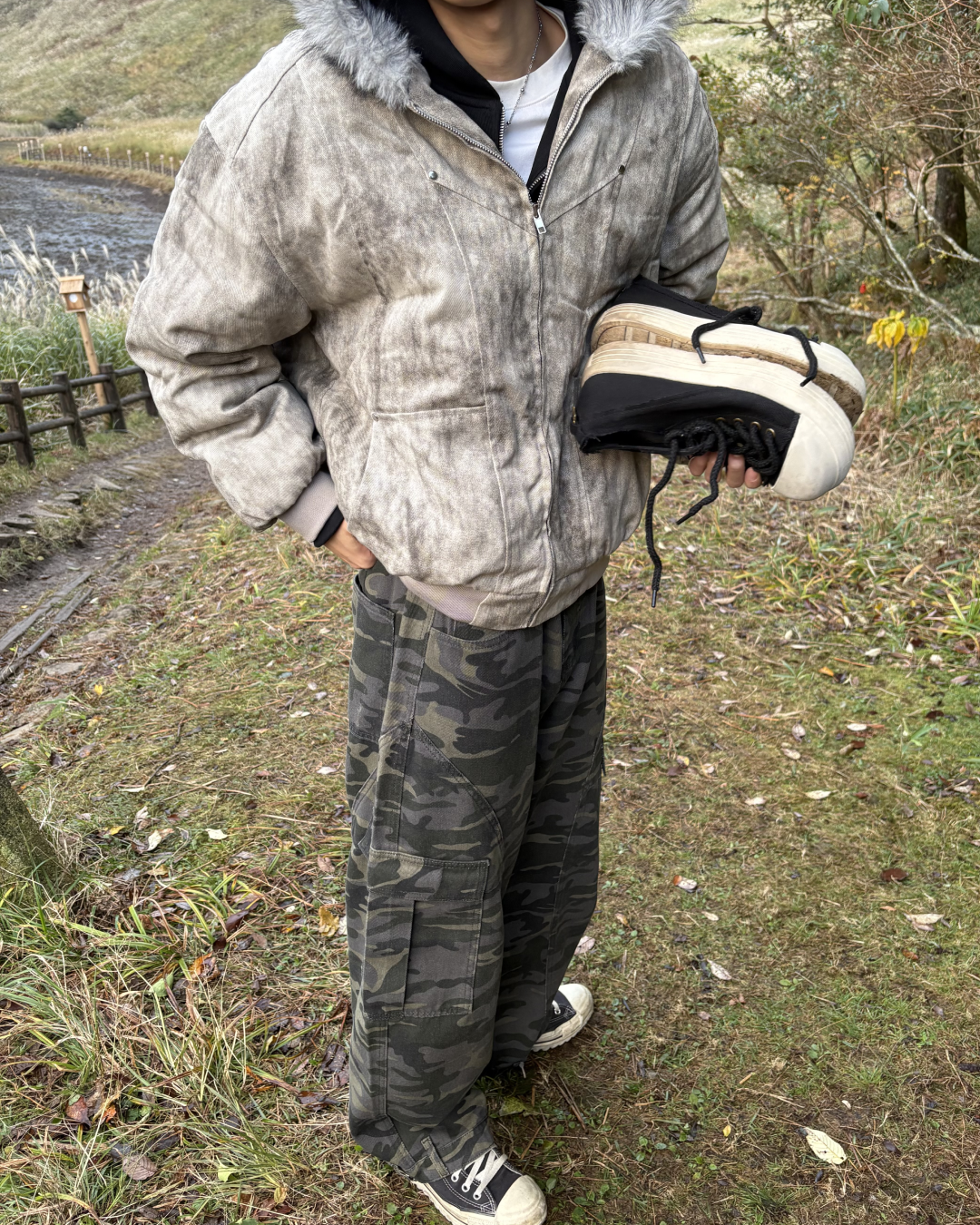 ウォッシュダメージファーフードジャケット